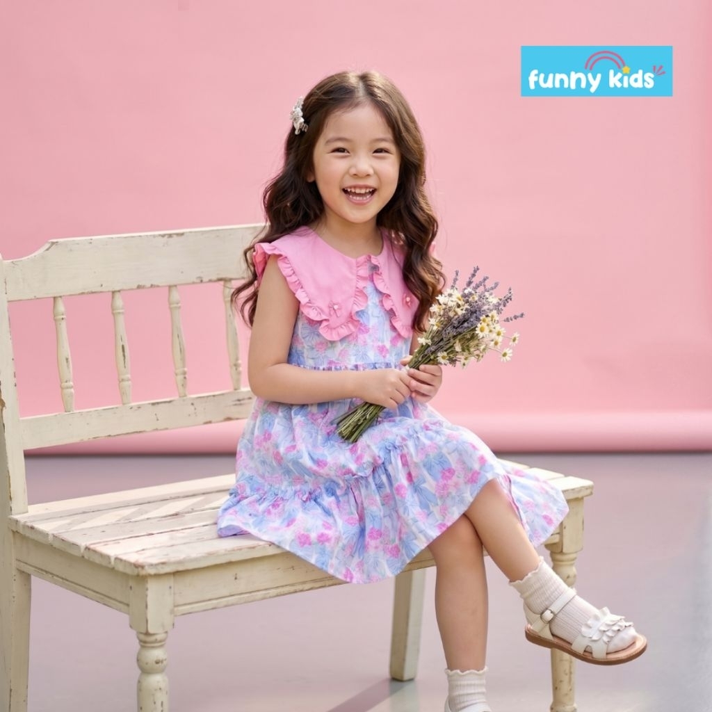 funny kids  ชุดเด็กผู้หญิง เดรสเด็กผู้หญิง ลายดอกไม้แสนหวาน FunnyKids ปกระบายติดโบว์ อายุ4-10ปี พร้อมส่ง MF690016