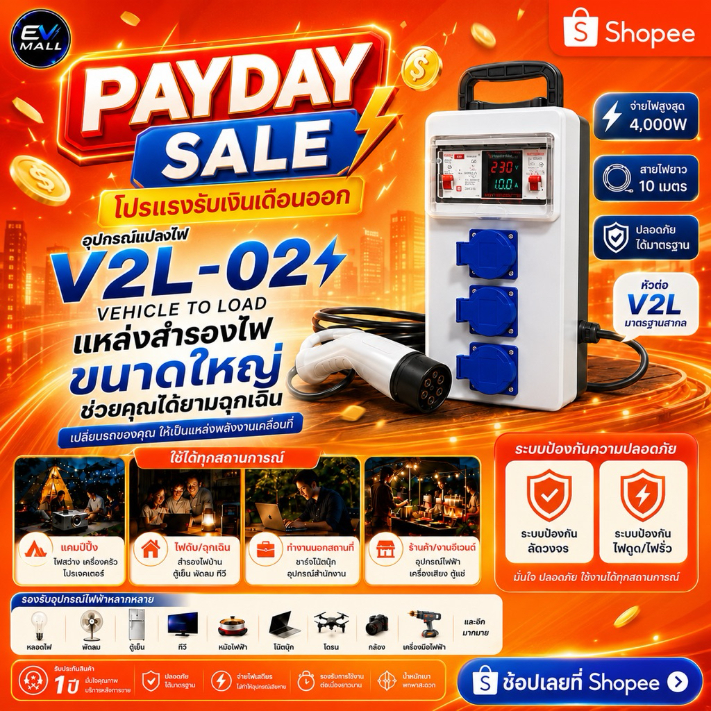 V2Lรุ่น02 -สายยาว10เมตร สำหรับเสียบจ่ายไฟออกจากรถยนต์ไฟฟ้า รองรับBYD MG DEEPAL AION NETA สายยาว10เมตร ประกันEV Mall