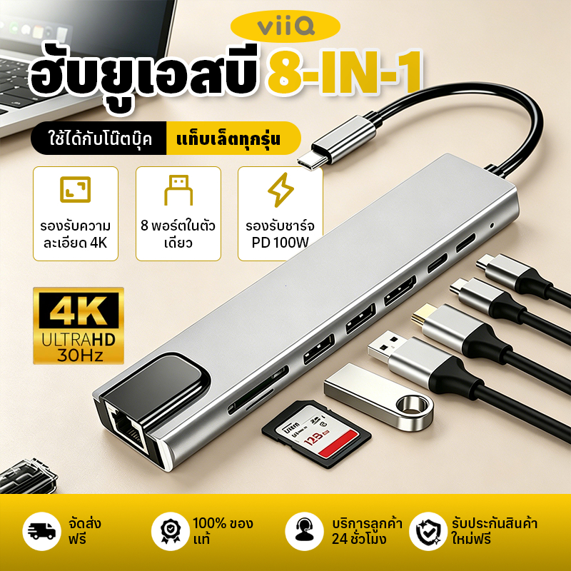 8-in-1 USB C HUB ประเภท C ถึงอะแดปเตอร์HDMI Type-CถึงUSB 3.1 RJ45 Ethernet Micro SD Card Reader ชาร์จเร็ว สำหรับ MacBook