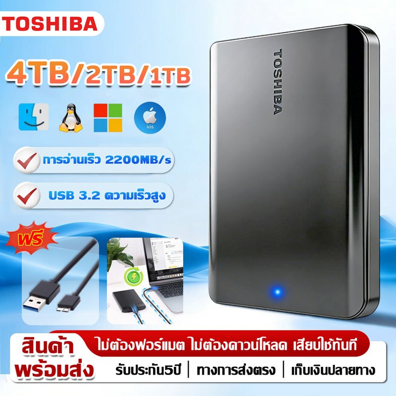【รับประกัน 5 ปี】ฮาร์ดไดรฟ์ภายนอก USB3.2 2200MB/S 4TB/2TB/1TB เสียบใช้ทันที ฮาร์ดดิสก์แบบพกพา External Hard Drive