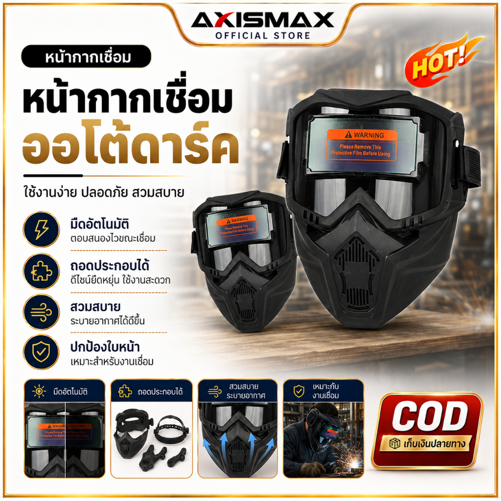 COD AXISAMAX DIY หน้ากากเชื่อมออโต้ True Color กัน UV เต็มหน้า ปรับแสงเร็ว เซนเซอร์ไว สำหรับเชื่อม ตัด เจียร