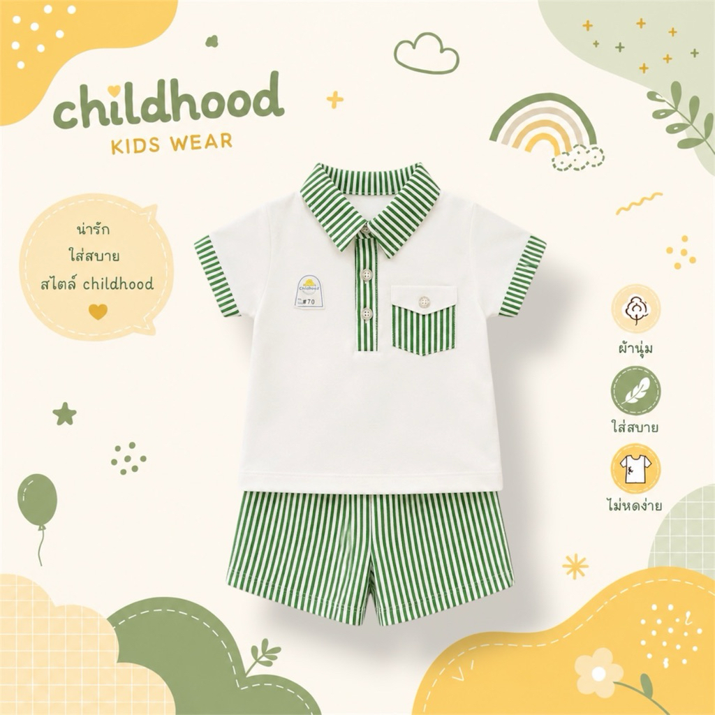 Childhood ชุดเซ็ทโปโลลายริ้ว พร้อมกระเป๋าใช้ได้จริง