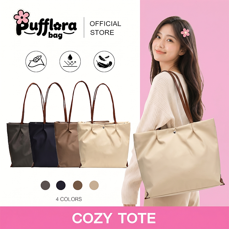 Pufflora กระเป๋าสะพายข้าง กระเป๋าโท้ท กระเป๋าถือ รุ่น Cozy Tote วัสดุหนังเทียม กันน้ำ ช่องแบ่ง3ช่อง มีซิปปิดสนิท