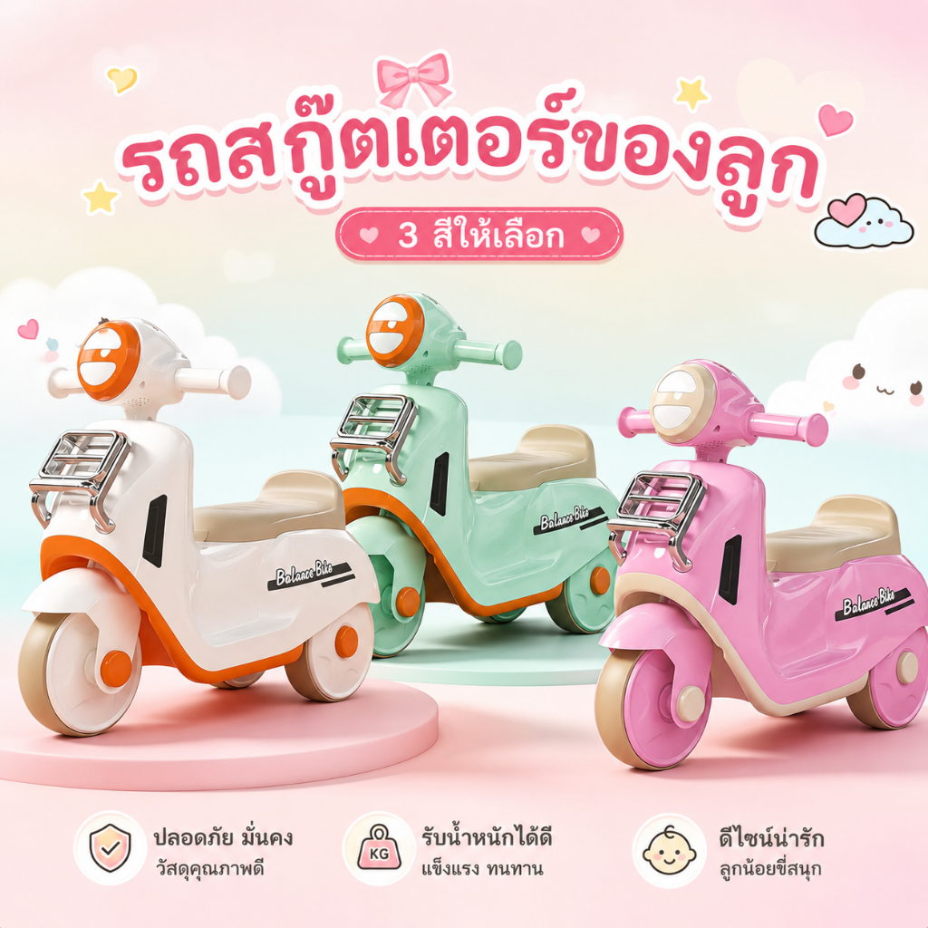 จักรยานทรงตัวเด็ก3ล้อ รถมอเตอร์ไซค์ขาไถเด็ก ทรงน่ารัก แข็งแรง นั่งสบาย ฝึกทรงตัว