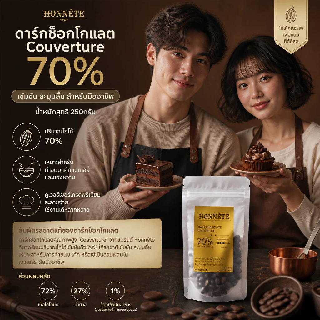 ดาร์กช็อกโกแลตแท้ 70% ขนาด 250กรัม. ละมุนไม่มีรสเปรี้ยว Couverture 70%