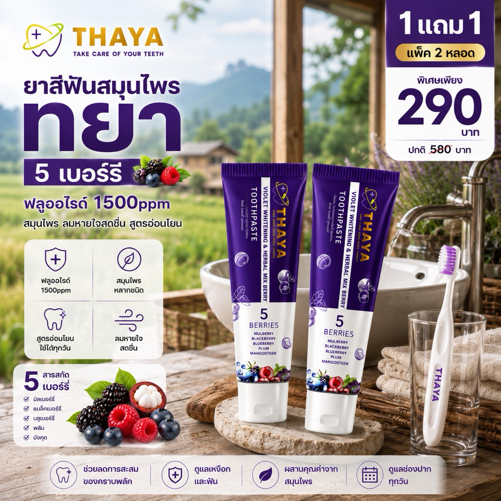 (  Set 2 หลอดด) THAYA 🦷 ยาสีฟันสมุนไพร ทยา🍇 5 เบอร์รี่ ฟลูออไรด์ 1500ppm | สมุนไพรลมหายใจสดชื่น
