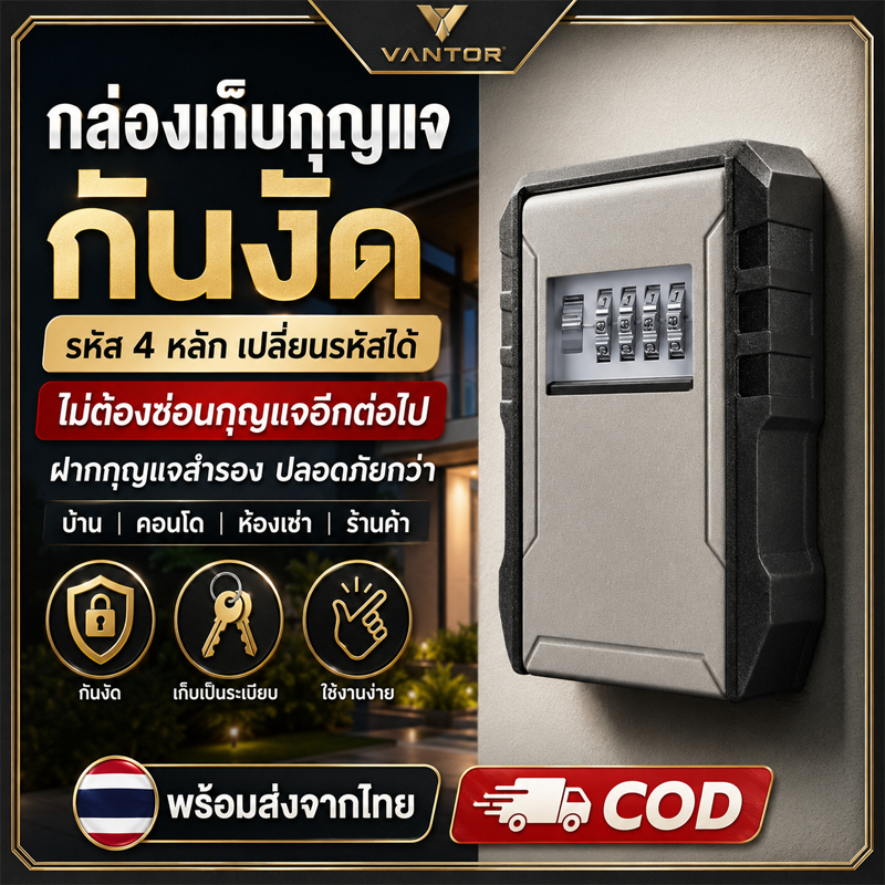 VANTOR | กล่องเก็บกุญแจ รหัส4หลัก กล่องล็อคกุญแจ กันงัดเปลี่ยนรหัสได้ สำหรับบ้านคอนโด ห้องเช่า ร้านค้า พร้อมส่งจากไทยCOD