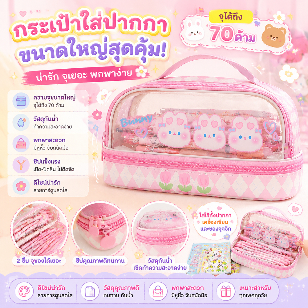 กระเป๋าดินสอ กระเป๋าเครื่องเขียน แบบสองชั้น มีซิป น่ารัก จุของได้เยอะ สําหรับนักเรียน