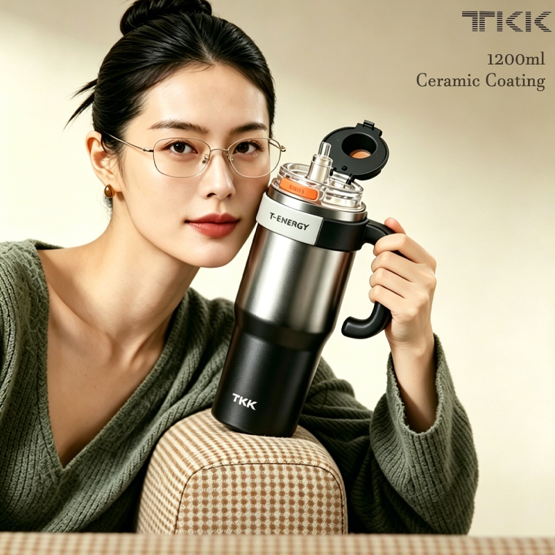 TKK แก้วน้ำสแตนเลสเคลือบเซรามิก 1200ml แก้วเก็บความเย็นความร้อน พร้อมหลอด ยกดื่มได้ Coffee Tumbler