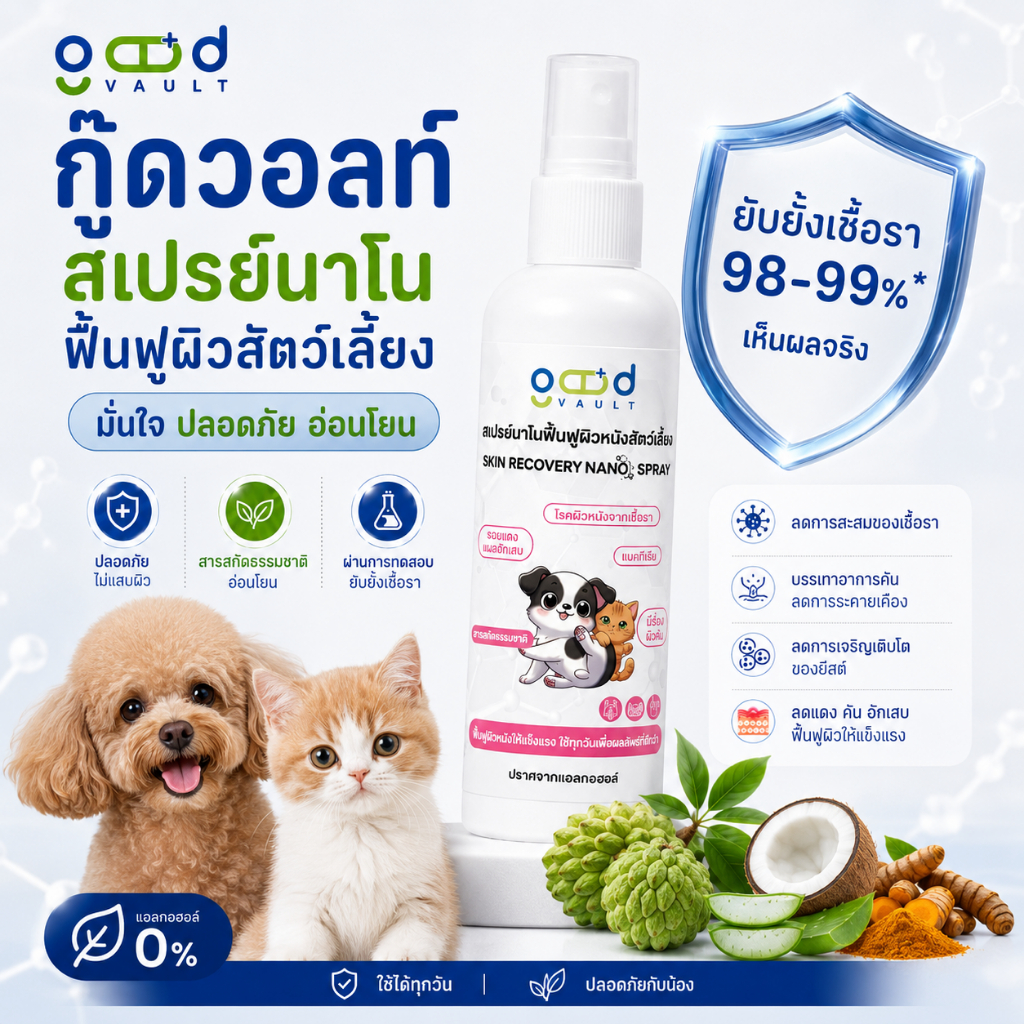 กู๊ดวอลท์ สเปรย์นาโนฟื้นฟูผิวหนังสัตว์เลี้ยง ดูแลผิวหนัง เชื้อรา แผลแดง คัน กลิ่นอับ