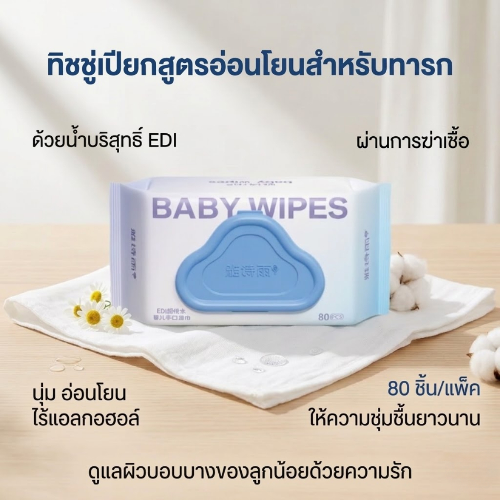 ทิชชู่เปียก ทิชชู่เปียกสำหรับเด็ก baby wipes ผ้านุ่มชุ่มชื้น อ่อนโยนต่อผิว มีฝาปิด 80 แผ่น/แพ็ค