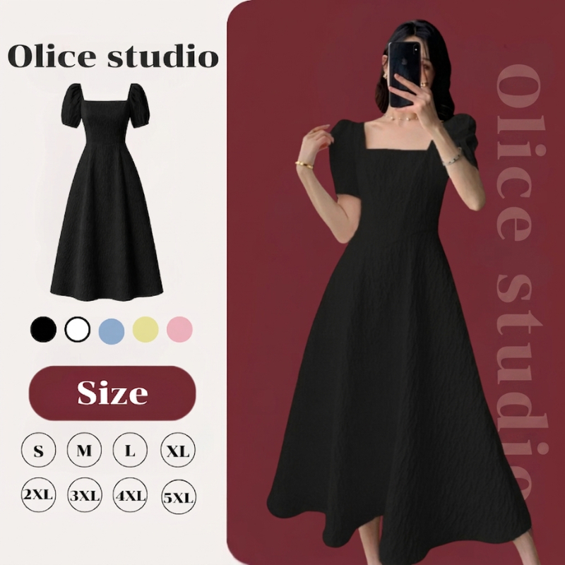 [❤️‍🔥S-5XL❤️‍🔥] ชุดเดรสผู้หญิง ชุดออกงาน เดรส Dress เดรสคอเหลี่ยม แขนตุ๊กตา เดรสสไตล์ฝรั่งเศส เดรสสาวอวบ