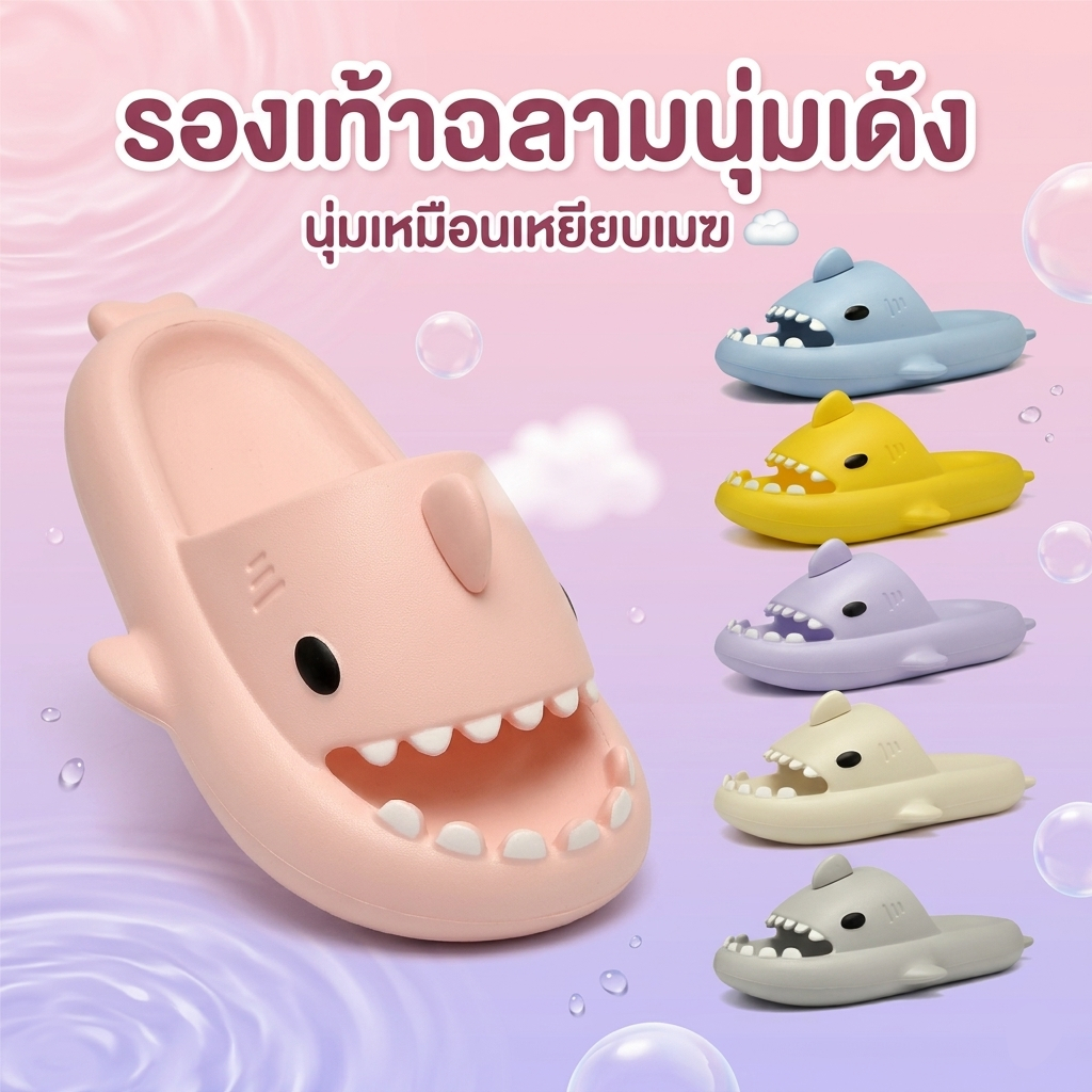 รองเท้าแตะฉลามสุดคิ้วท์ นุ่มเด้ง EVA กันลื่น เบาสบาย ใส่ในบ้าน ใส่เที่ยวทะเล สีพาสเทล