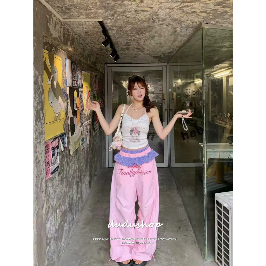 [Trendy letters, ruffled casual pants]ฮอลิเดย์ลมผู้หญิงกีฬาตัวอักษรพิมพ์บัวใบกว้างกางเกงขายาวสบาย ๆ