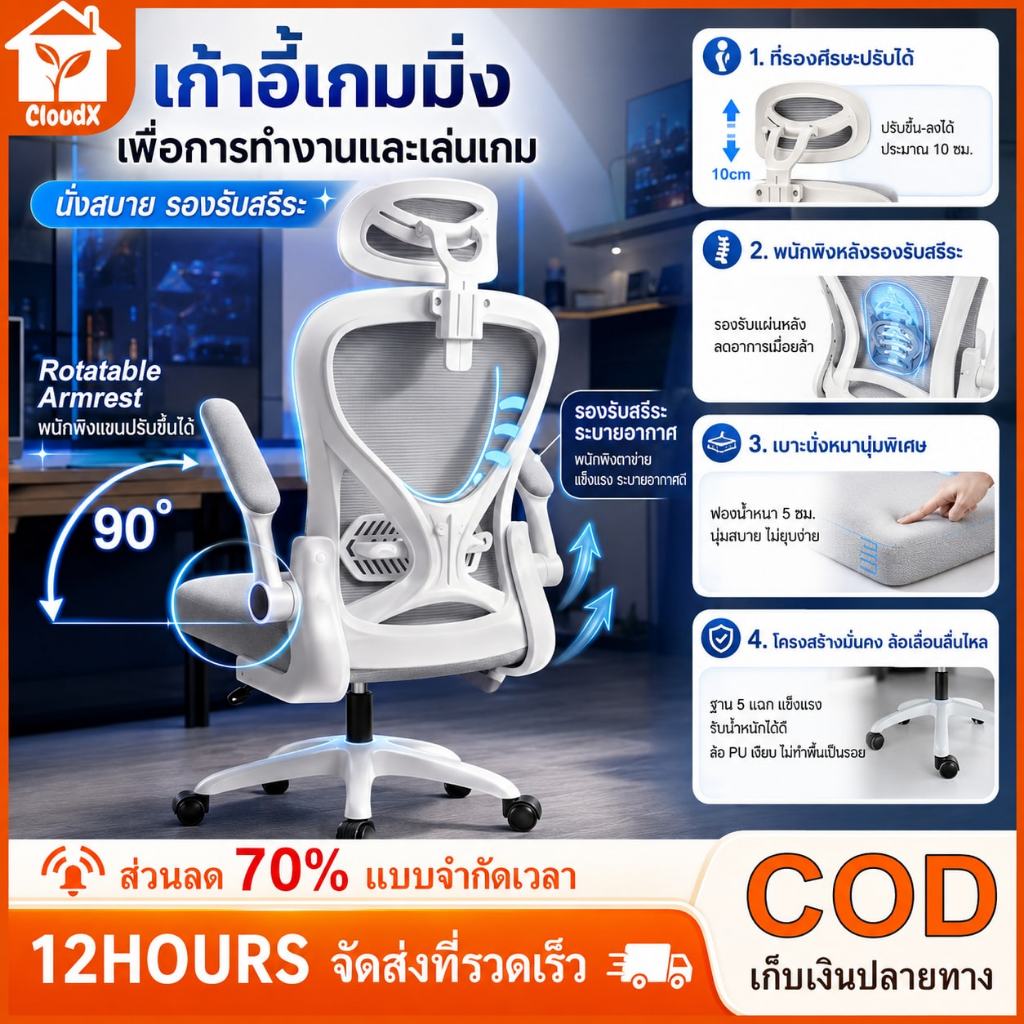เก้าอี้คอม เก้าอี้ทํางาน นั่งนานไม่ร้อนตาข่ายน้ำแข็งเย็นและระบายอากาศได้ดี เบาะยางพารา ที่วางแขนและเบาะรองนั่งปรับได้