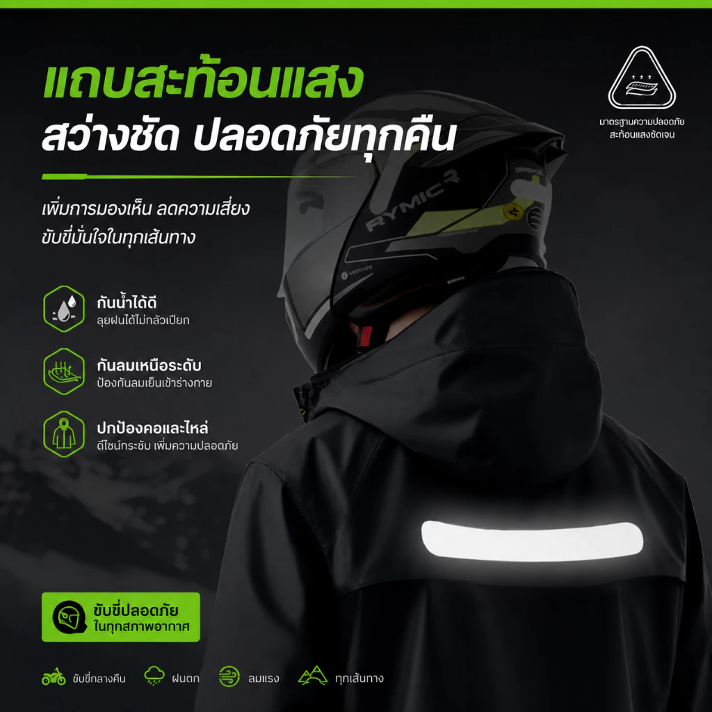 ชุดกันฝนพายุแบบหนา เสื้อ+กางเกง+หมวก กันน้ำ มีแถบสะท้อนแสง thumbnail 8