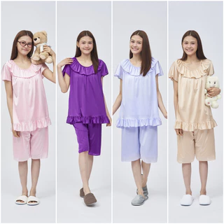 ชุดนอนผ้าลื่นงานไทย เสื้อ+กางเกงสามส่วน(มีซับใน) อก 44-50 นิ้ว