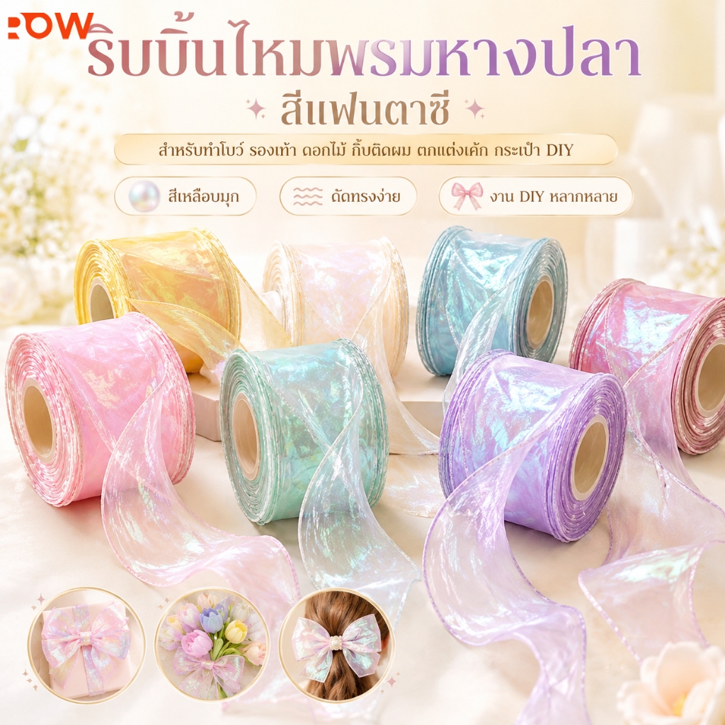 ริบบิ้นหางปลาแฟนตาซี ริบบิ้นโปร่งแสงเหลือบมุก ดัดทรงง่าย สำหรับทำโบว์ ดอกไม้ กิ๊บติดผม เค้ก ของขวัญ DIY