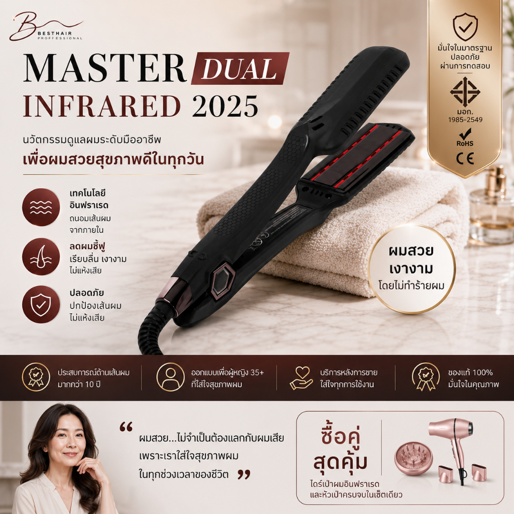 Dual Infrared Black Titanium 1.5" ที่หนีบ บราซิลอินฟาเรดเส้นคู่มี มอก.รับประกัน1ปีเหมาะกับผมเสีย