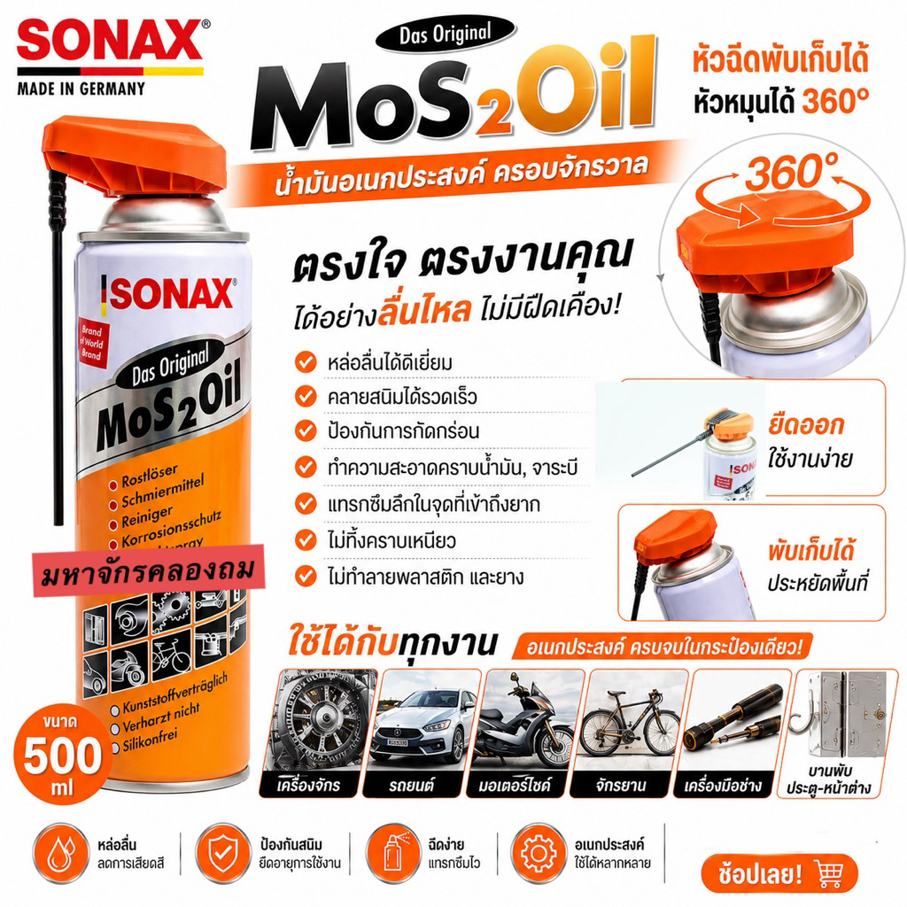 น้ำมันอเนกประสงค์ Easy Spray 500 มล.หัวพับได้  Sonax Mos 2 Oil  หัวสเปรย์พับได้