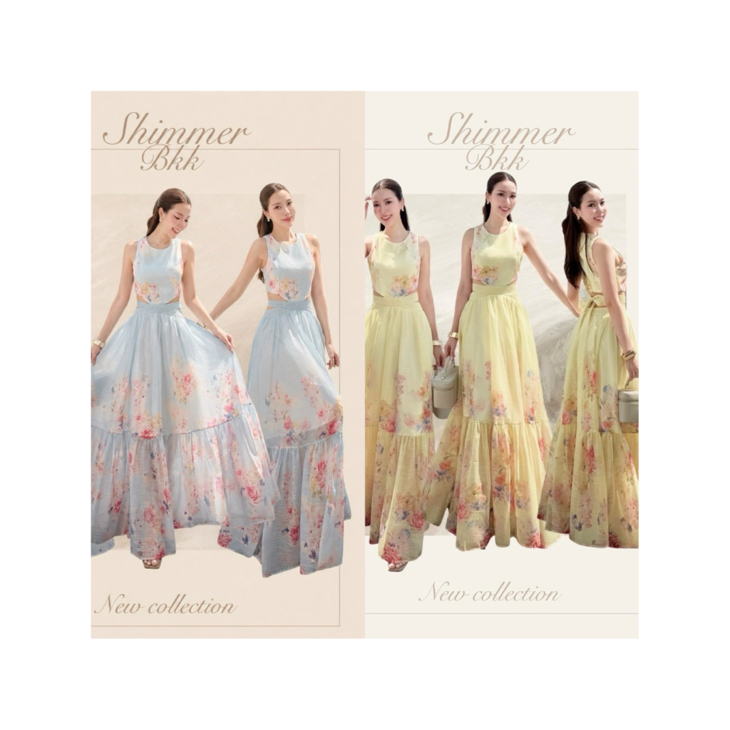 D6 งานป้าย Shimmer Blue Floral Organza Maxi Dress สำหรับผู้หญิง เสื้อผ้าแฟชั่นผู้หญิง ไซส์ S-XL