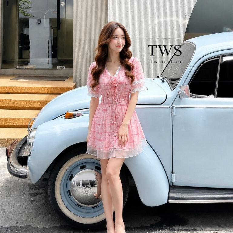 TWINS Setเดรสทรงคอวีน่ารัก+กางเกง