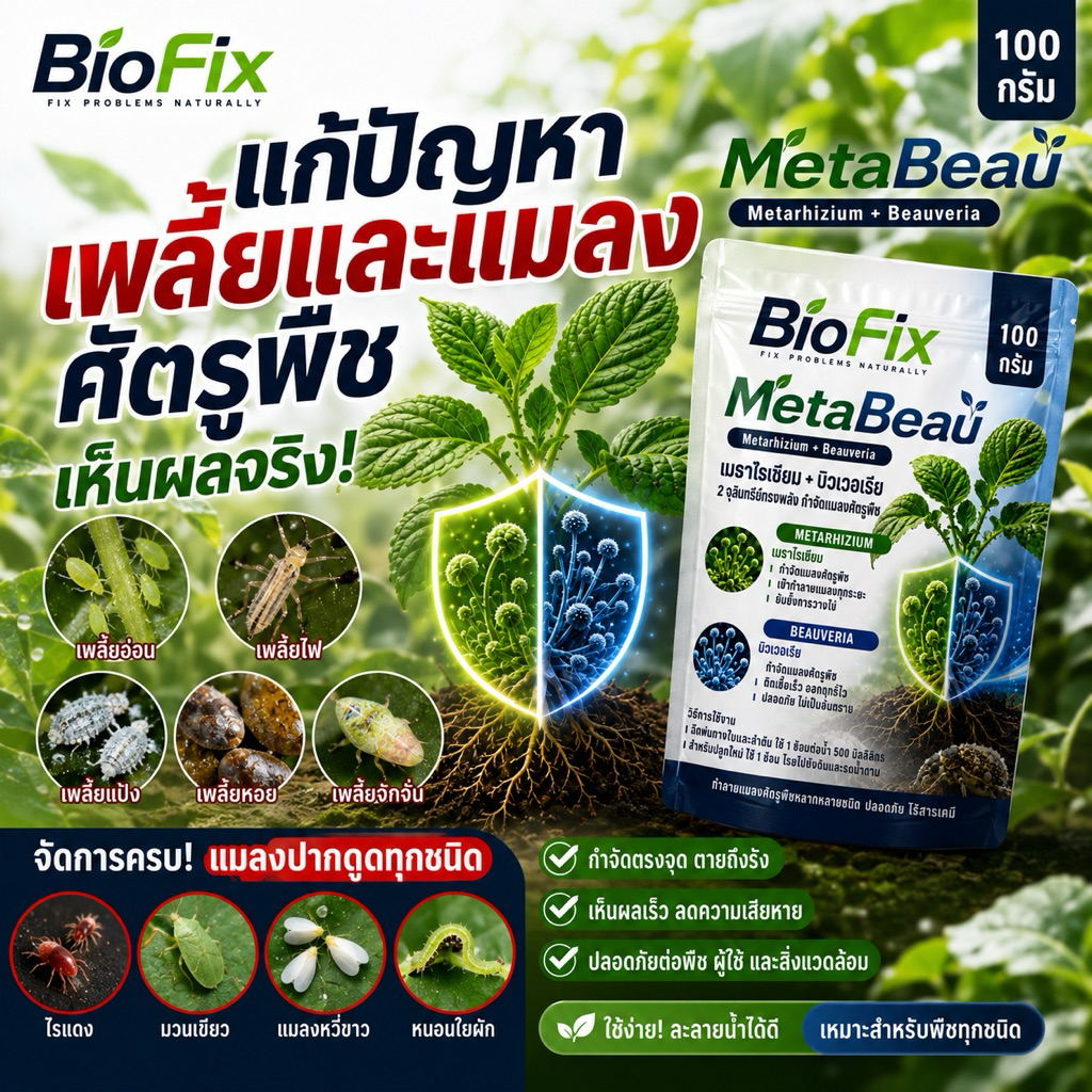 BioFix MetaBeau จุลินทรียเมธาไรเซียม + บิวเวอเรีย กำจัดเพลี้ย ด้วง แมลงศัตรูพืช 100g แก้ปัญหาเพลี้ยและแมลงศัตรูพืช