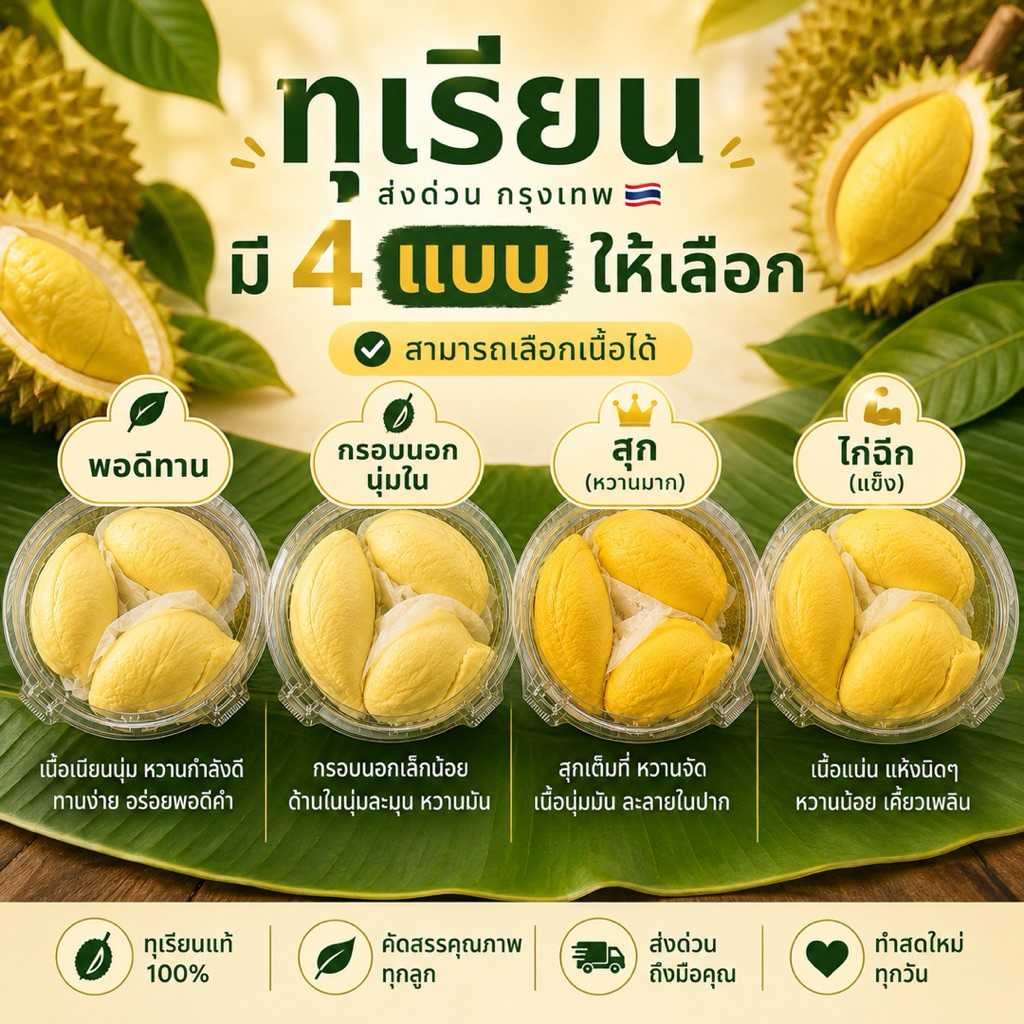 ทุเรียนหมอนทองสด เนื้อแน่น หอม หวาน! ส่งด่วนกรุงเทพฯ เกรดพรีเมี่ยม 👑