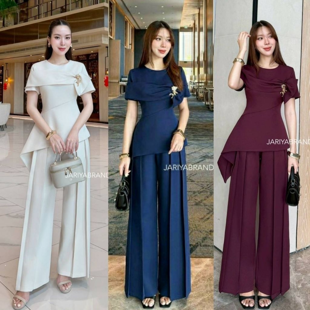 (S-XL)   Jariya    ✅พร้อมส่งชุดเซ็ท3ชิ้นเสื้อแขนสั้น+เข็มกลัด+กางเกงขายาวอัดพลีททรงสวย