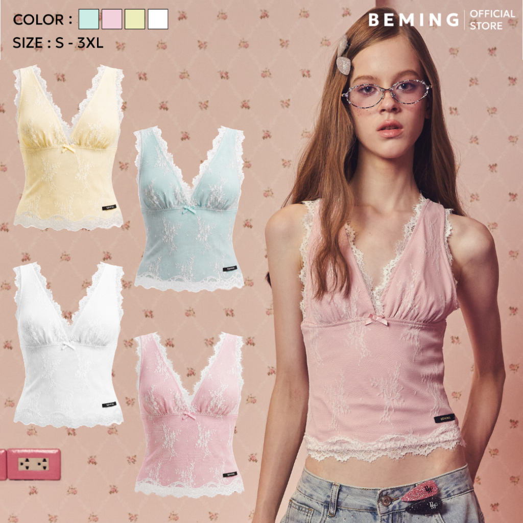 Bemingtop1195(S-3XL)-Moni Top - เสื้อกล้ามลูกไม้ดีไซน์คอวีลึกแต่งลูกไม้รอบตัว ตัวเสื้อปักลายลูกไม้ทั่วทั้งตัว