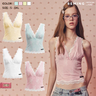 Bemingtop1195(S-3XL)-Moni Top - เสื้อกล้ามลูกไม้ดีไซน์คอวีลึกแต่งลูกไม้รอบตัว ตัวเสื้อปักลายลูกไม้ทั่วทั้งตัว