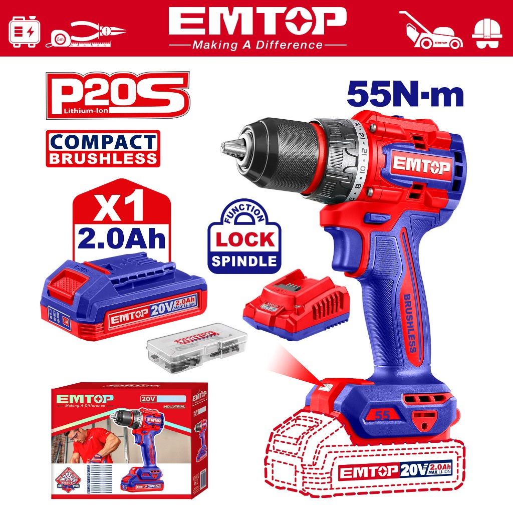 EMTOP สว่านไร้สาย 20v 55Nm EMTOP รุ่น ECDL205582