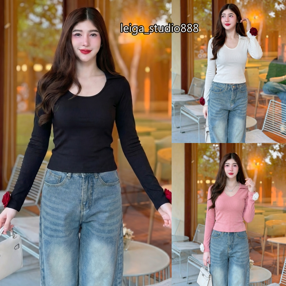 เสื้อแฟชั่น ผ้าร่องพรีเมี่ยม คอปก เว้าอก แขนยาว แต่งดอกกุหลาบ ทรูโทน ใส่แมท สายคาเฟ่ น่ารัก LG303