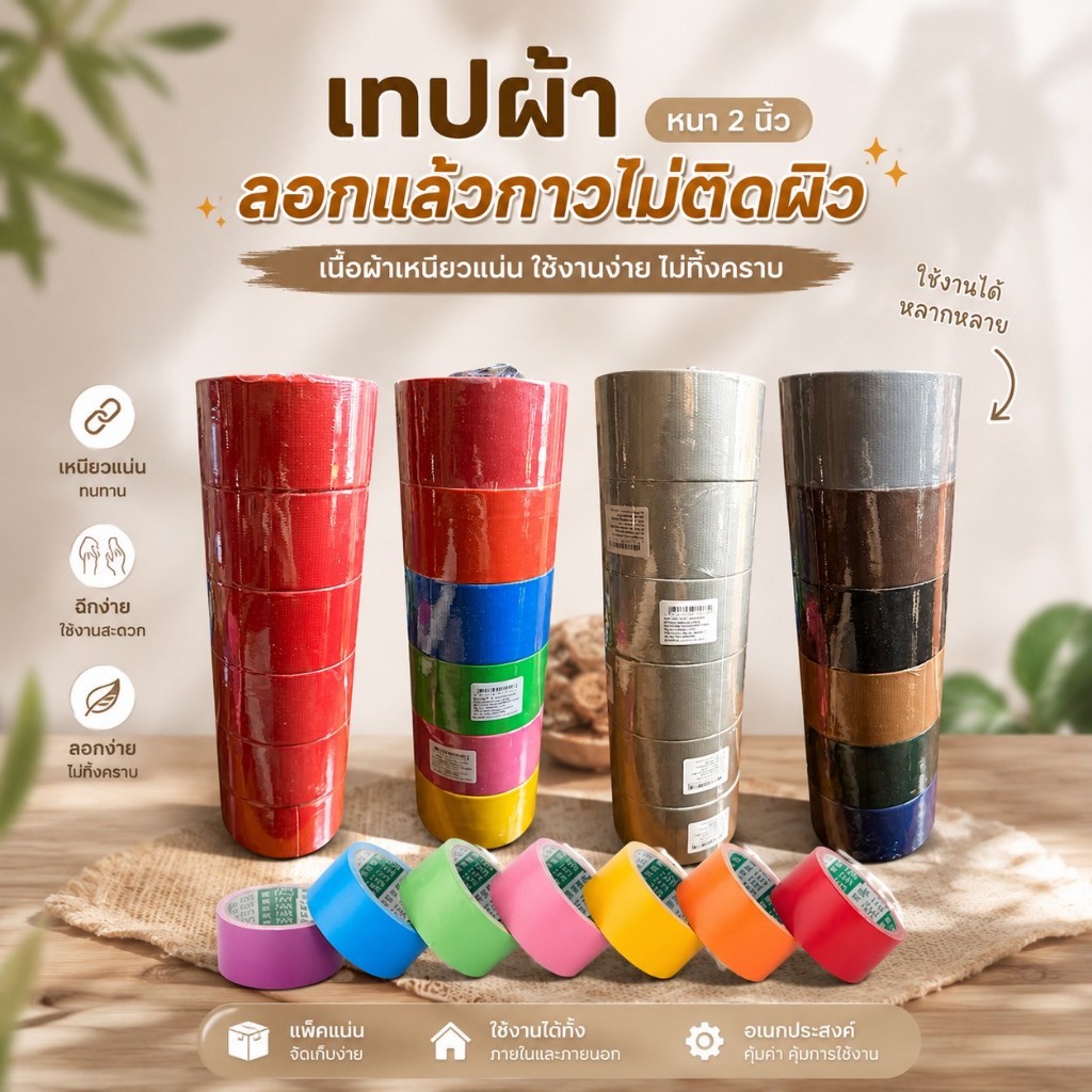 เทปผ้า: 2 นิ้ว (5 หลา) - ลอกแล้วกาวไม่ติดพื้นผิว! หลากหลายสีสัน! ราคาต่อชิ้น