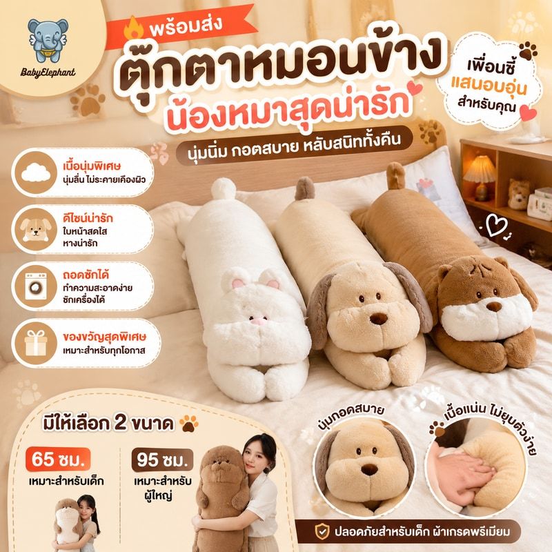 หมอนข้างตุ๊กตาสุนัข 65/95 ซม. นุ่มนิ่มน่ากอด ถอดซักได้ ของเล่นเด็ก แต่งห้องนอน