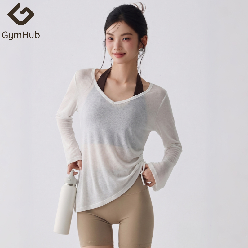 GymHub เสื้อกล้ามวอร์มอัพ ผ้าระบายอากาศ ทรงกระบาย แขนยาว มีเชือกผูก ใส่เล่นโยคะ พิลาทิส ฟิตเนส