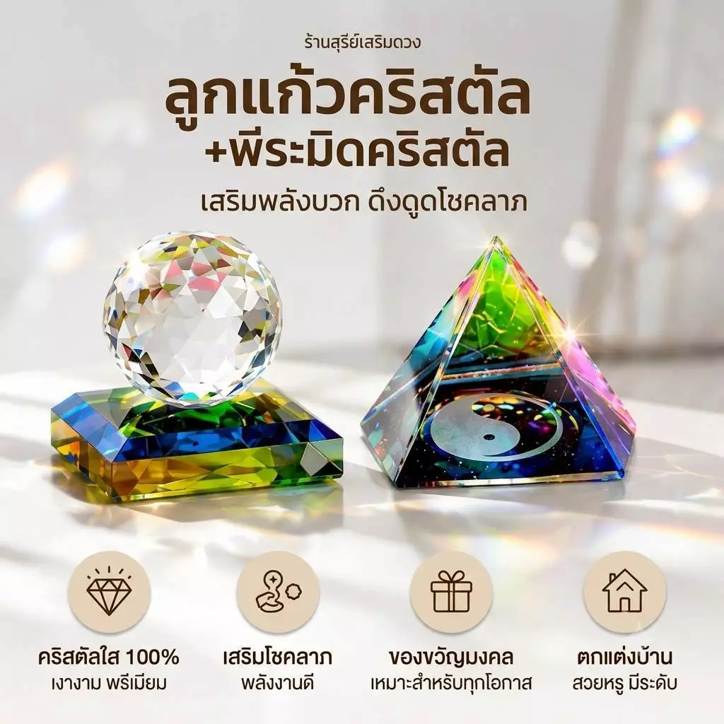 ลูกแก้วคริสตัล 7 สี พีระมิด (ผ่านพิธี)🌈แก้ฮวงจุ้ย ตั้งโต๊ะทำงาน แก้นั่งใต้คาน 3,4,5,6,8 cm❣ เสริมการงาน ลูกแก้ว