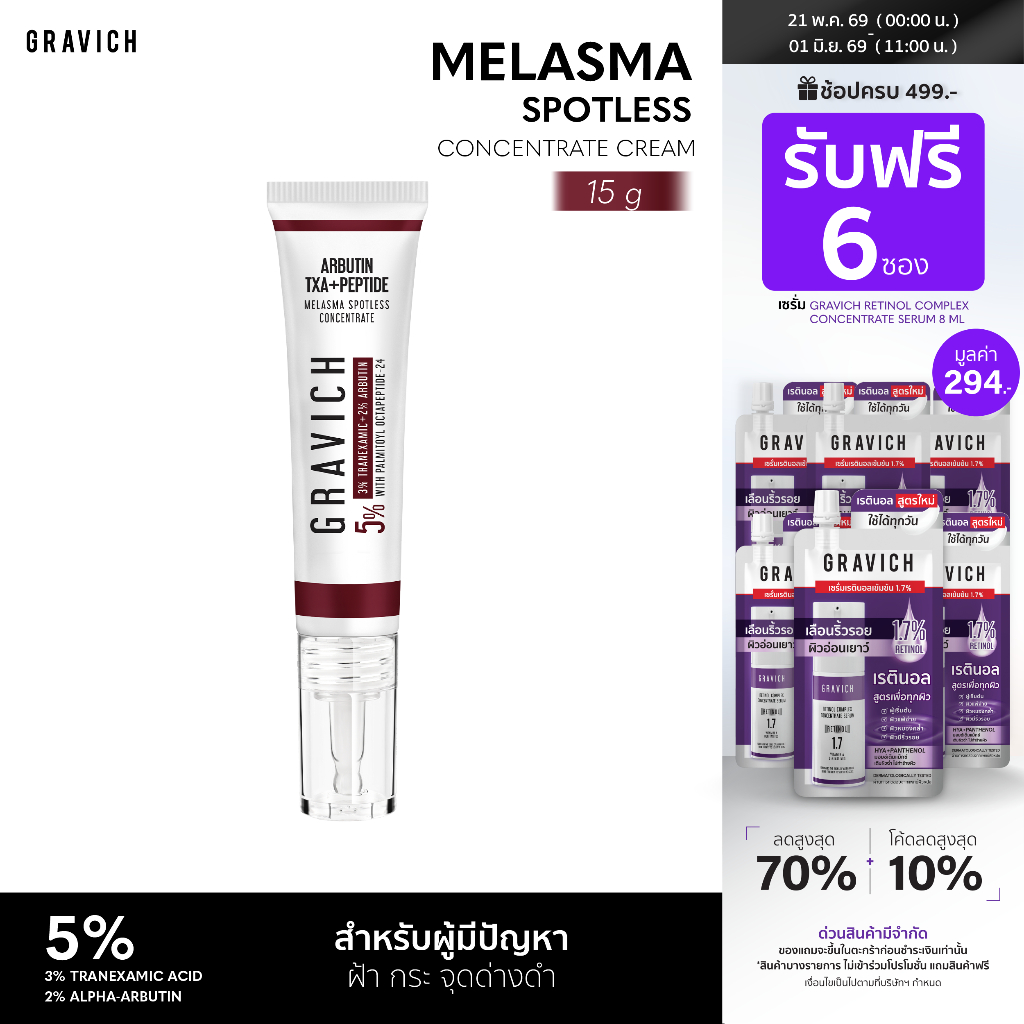 Gravich Melasma Spotless Concentrate Cream 15 g ครีมแต้มเฉพาะจุด ดูแลฝ้า กระ สูตรเร่งด่วน