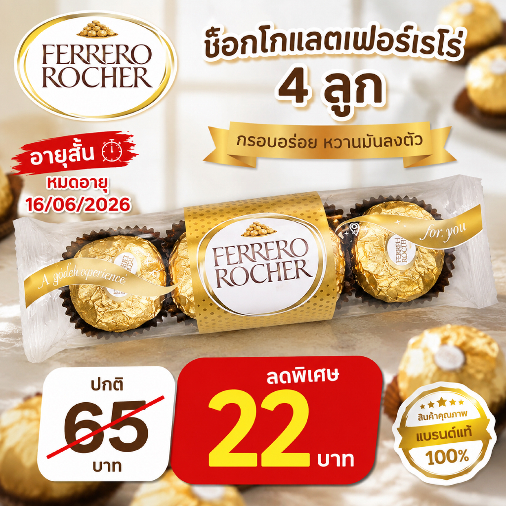 🍫 Ferrero Rocher 4 ลูก ช็อกโกแลตพรีเมียม ราคาพิเศษ อายุสั้น เทสต๊อก 🔥