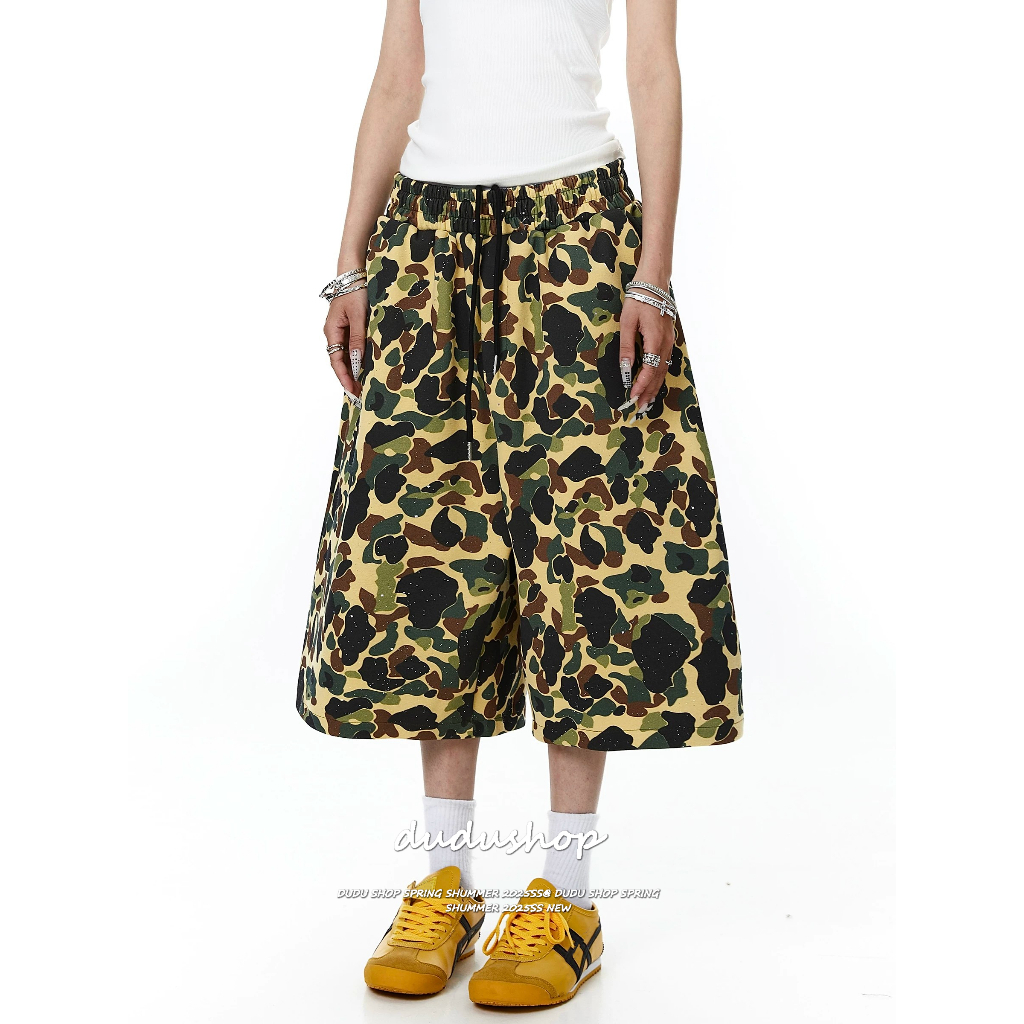 [Trendy camouflage cropped pants]สไตล์อเมริกันวินเทจกีฬาผู้หญิงเทรนด์พรางขากว้างคาปรีกางเกง