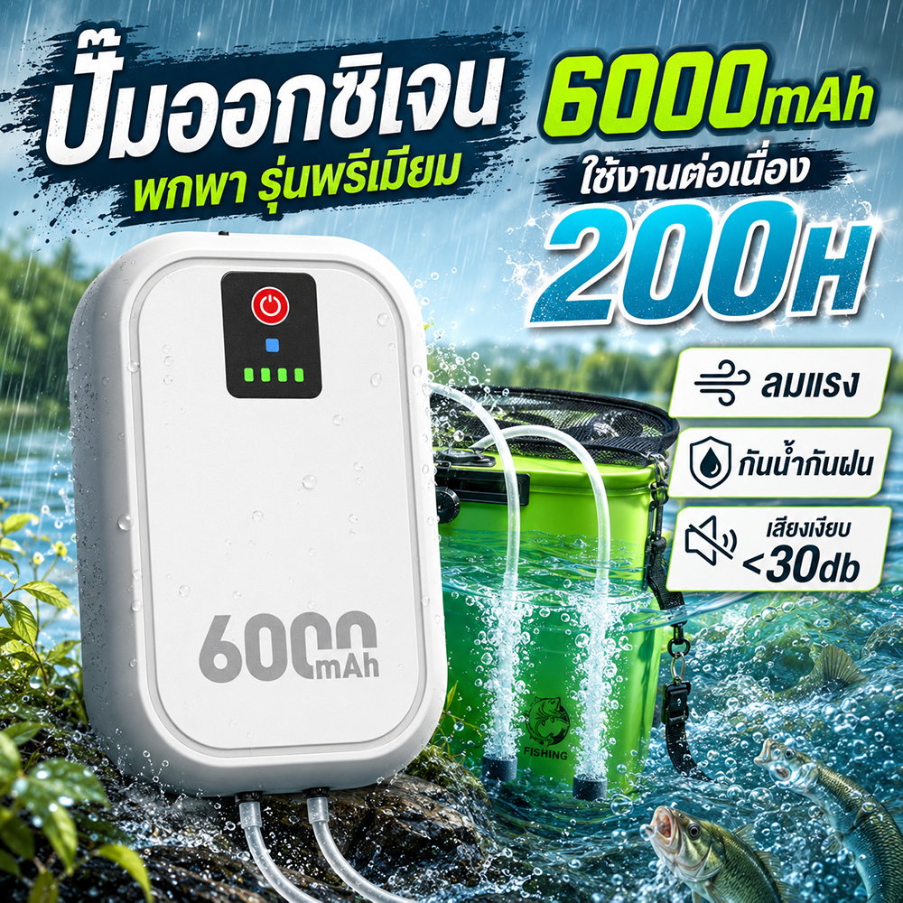 【ใช้งานต่อเนื่อง200ชั่วโมง】ออกซิเจนตู้ปลา  ออกซิเจนปลา หัวชาจต์USB ปั้มออกซิเจนตู้ปลา ปั้มลมขนาดเล็ก