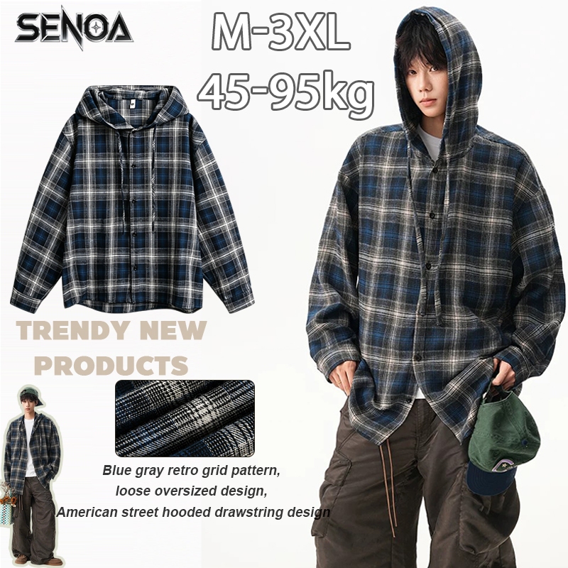 💐SENOA✨ เสื้อเชิ๊ตผู้ชาย ลายสก็อตแขนยาว สไตล์เกาหลี อินเทรนด์ M-3XL Unisex หมวกปรับได้ แฟชั่นฤดูร้อน ผ้านุ่ม ทรงหลวม