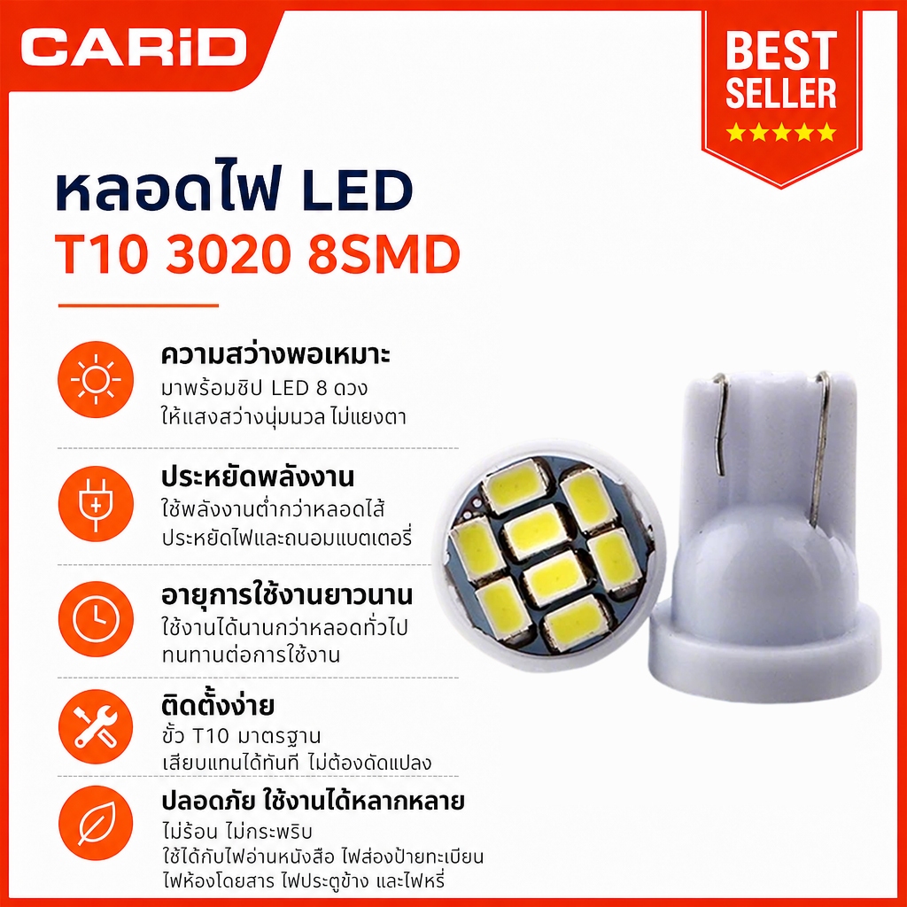 CARiD หลอดไฟหรี่ LED T10 8SMD 1.5W สำหรับมอเตอร์ไซค์/รถยนต์ ไฟป้ายทะเบียน ไฟสัมภาระ ติดตั้งง่าย