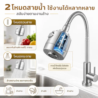 GRACEก๊อกน้ำสแตนเลส 304 สำหรับอ่างล้างจาน ปรับน้ำได้ 2 ระดับ หมุนได้ 360° ทนทาน ใช้งานง่าย