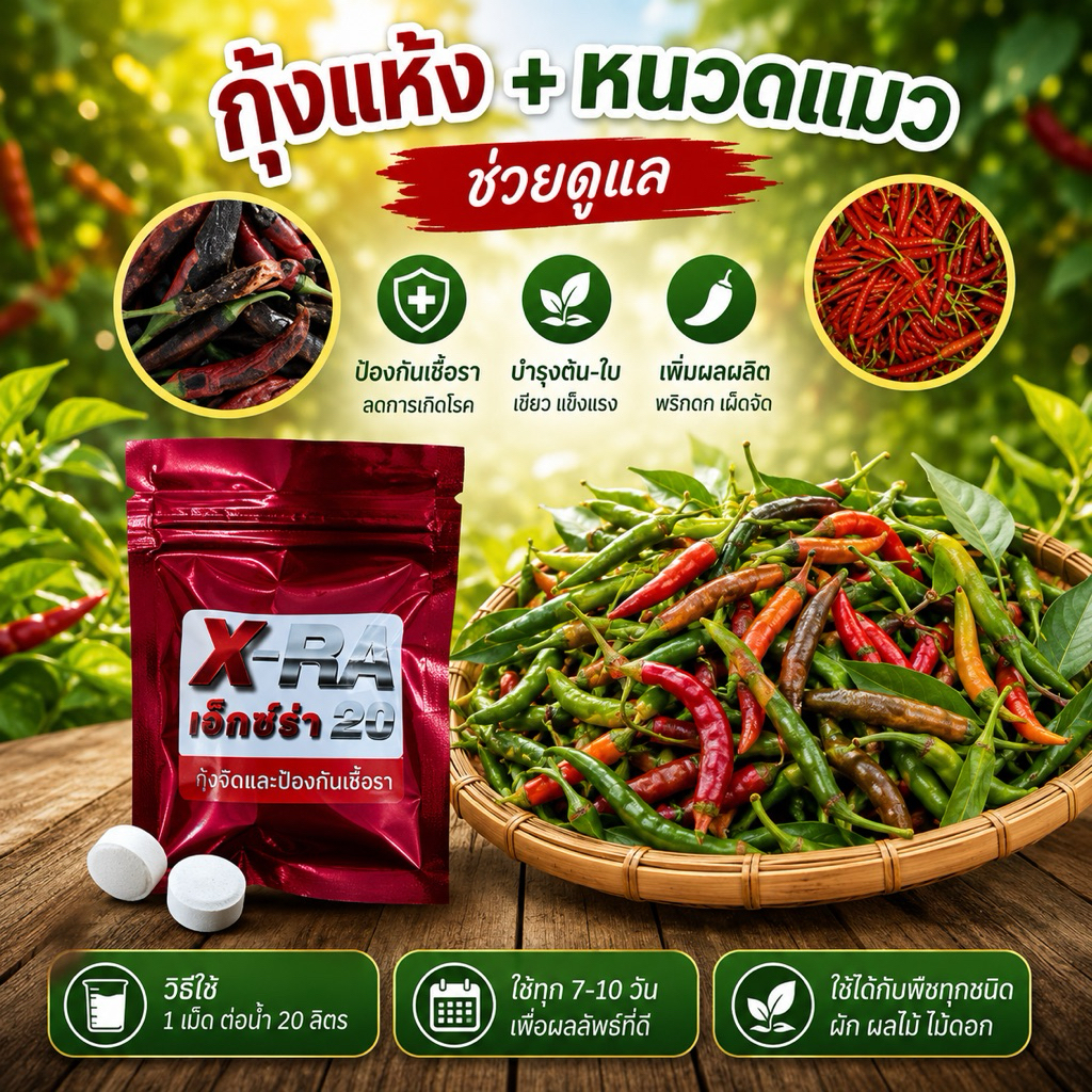 X-RA 20 เอ็กซ์ร่า 20 เม็ดฟู่กำจัด ป้องกันเชื้อรา รักษาโรคพืชได้ทุกชนิด รากเน่าโคนเน่า ราหนวดแมว กุ้งแห้ง