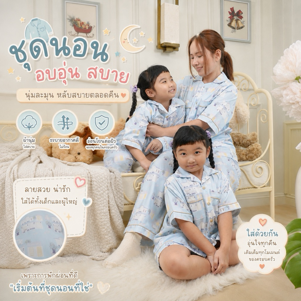 [ ส่งฟรี ] ชุดนอนลายบ้านฟ้าmildpaint ชุดครอบครัว ชุดคู่พ่อแม่ลูก