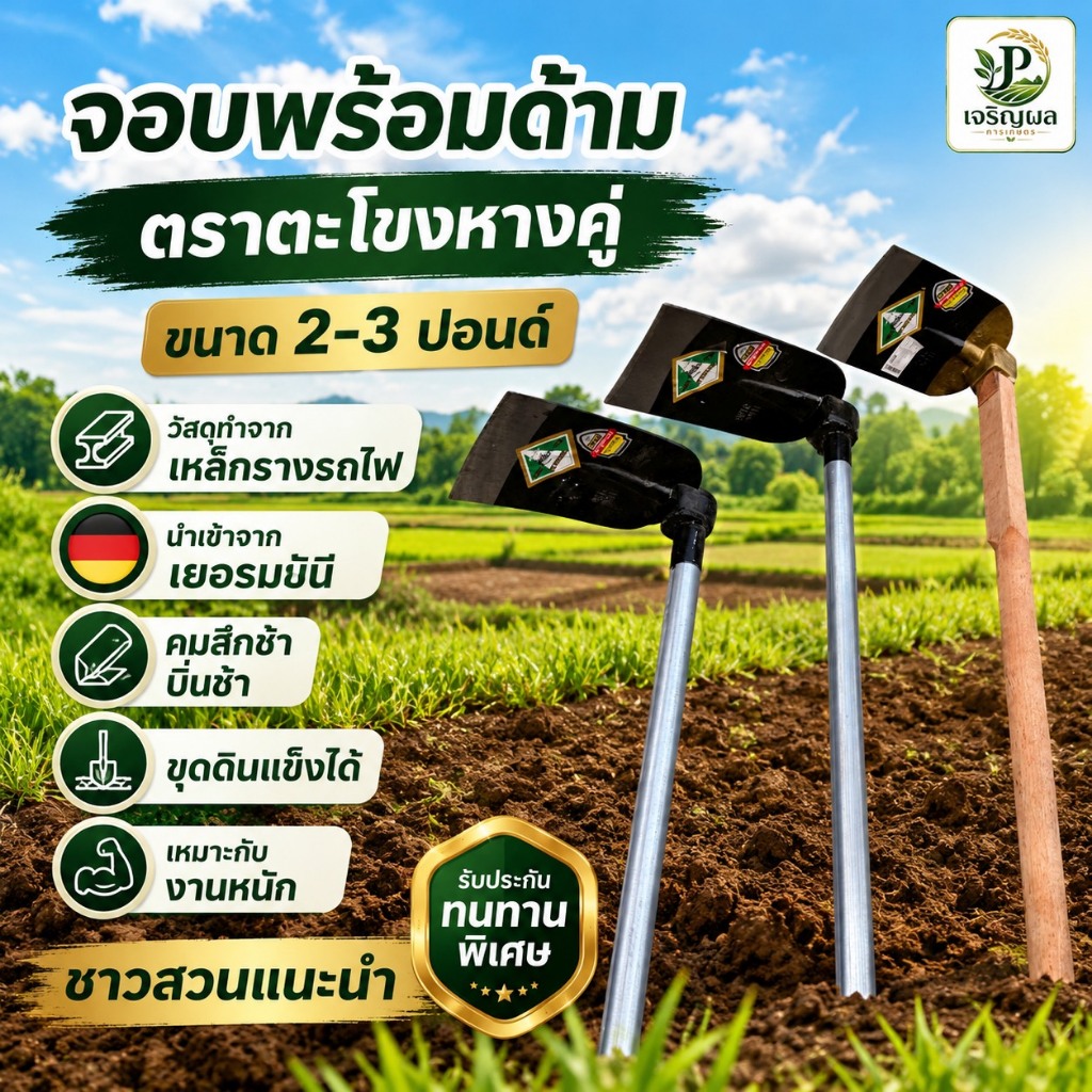 จอบผสมปูน จอบขุดดิน ตราจระเข้ ด้ามไม้ จอบพร้อมด้าม