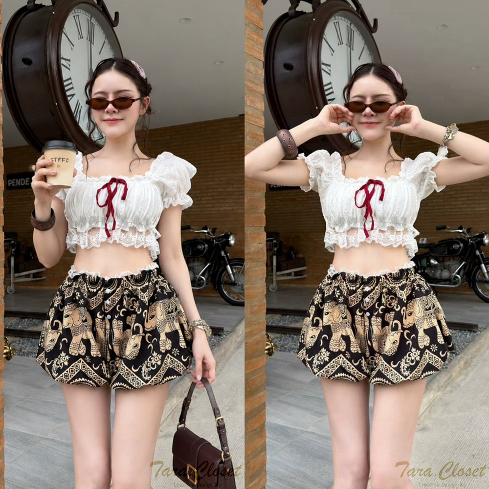 BA122 TARA Pants กางเกงช้างขาสั้น เอวยางยืด ทรงขาบอลลูน ดีเทลแต่งกระดุมหน้า ขอบเอวแต่งลูกไม้ เนื้อผ้าไหมอิตาลี ใส่สบาย