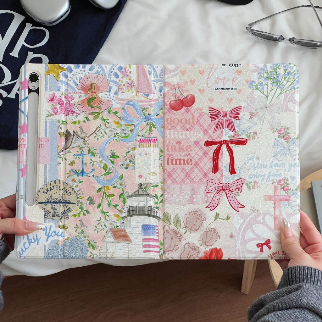 พร้อมส่ง เคสแท็บเล็ต Samsung สำหรับ Tab S9+ S9FE หมุนได้ 360° Bow Garden มีที่ใส่ปากกา S6 Lite S8