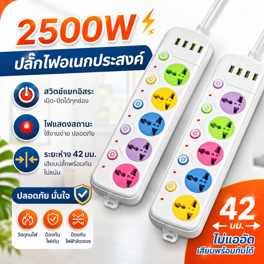 ปลั๊กไฟ 2500 วัตต์ พร้อมสวิตช์แยกแต่ละช่อง 5 ช่องเสียบ สายไฟยาว 1-5 เมตร และพอร์ต USB 4 ช่อง ทนทาน